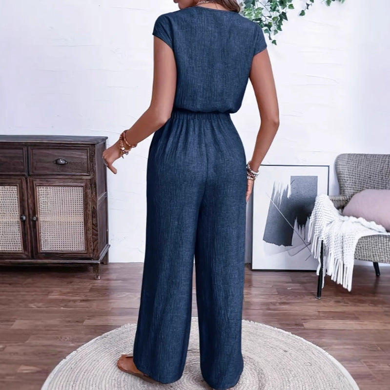 All-matching V-neck Buttons Elastic Waistband Slimming Temperament Jumpsuit