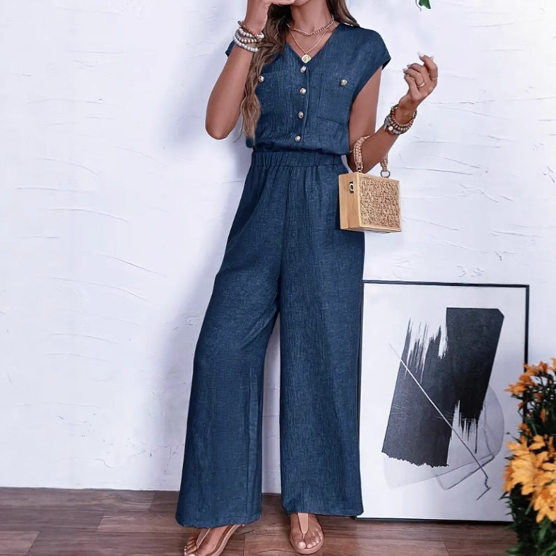 All-matching V-neck Buttons Elastic Waistband Slimming Temperament Jumpsuit